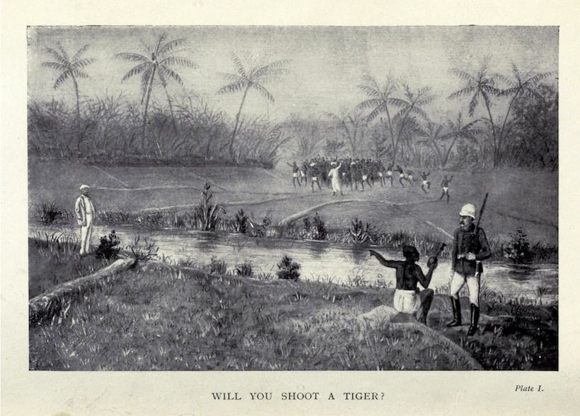 Black and white illustration of a group of people in a marshy, tropical environment, with one man pointing towards something in the water. The title reads 'Will You Shoot a Tiger?'