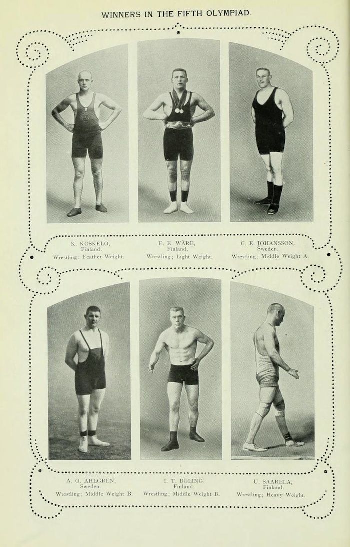 Vintage photograph of six male wrestlers from the Fifth Olympiad, each identified by name, country, and weight class, framed by an ornate border.