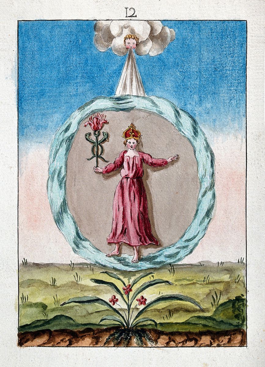 Vintage illustration of a young figure within a swirling circle, with a heavenly figure above and a plant below.