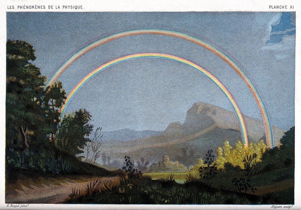 Vintage illustration of a double rainbow over a landscape with trees and hills.