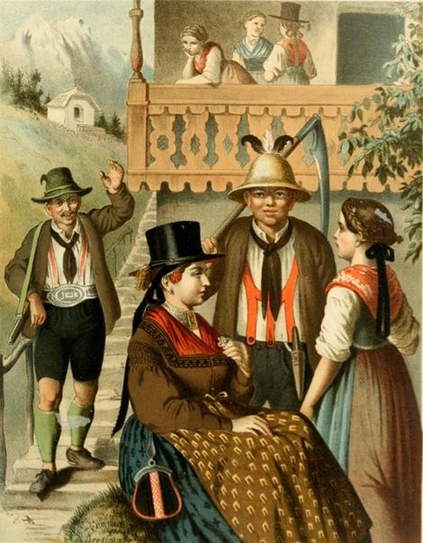 Vintage lithograph of a scene in the Alps with four figures interacting in the foreground and a balcony with two figures in the background.