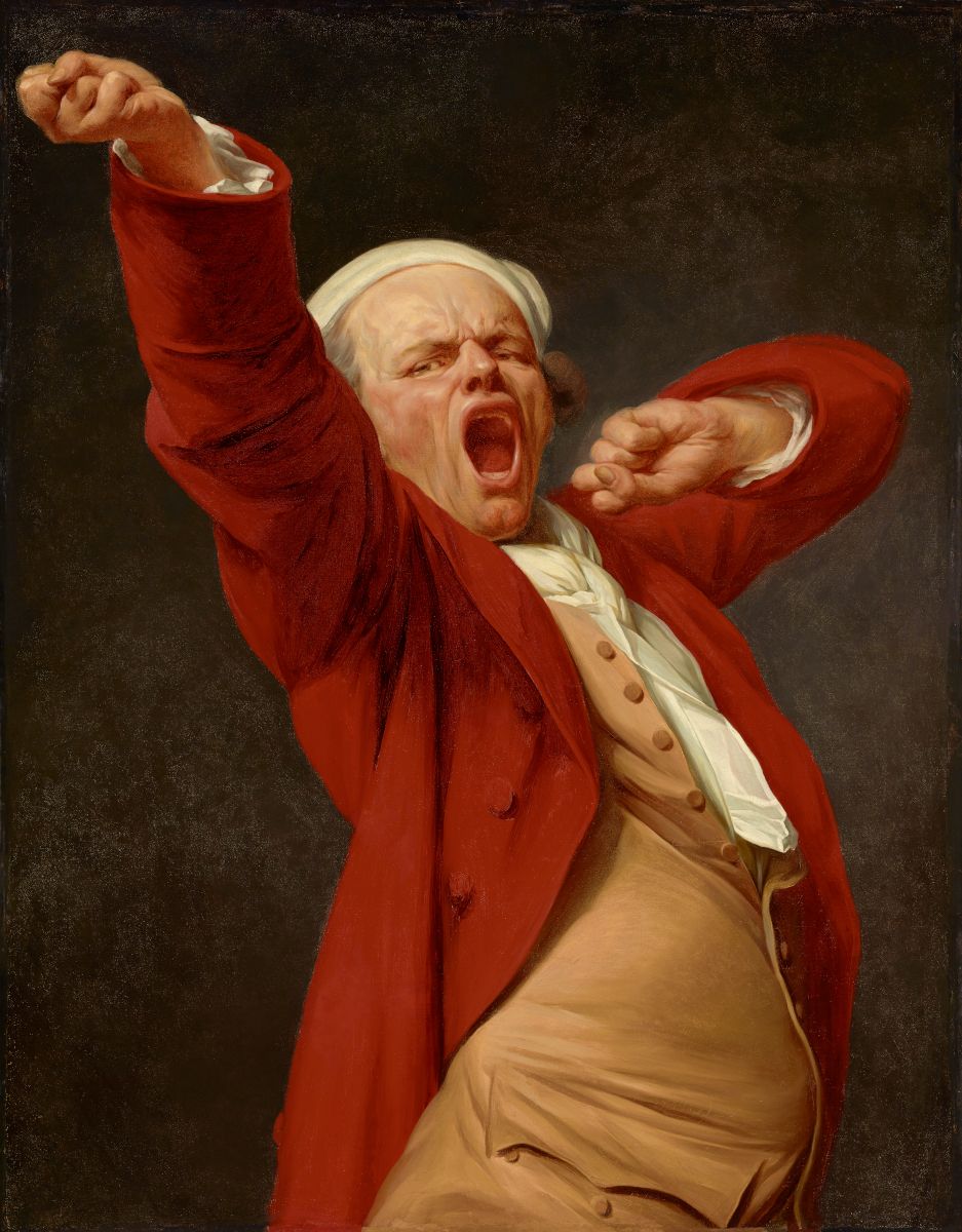 A painting of a man in a red coat shouting with his arms raised.