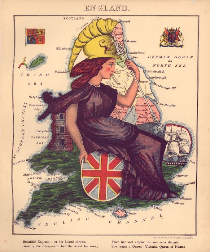 Vintage lithograph titled 'England' depicting a personification of England as a woman seated on a green landscape holding a shield with the Union Jack. A detailed map of England, Scotland, and Ireland forms the background.