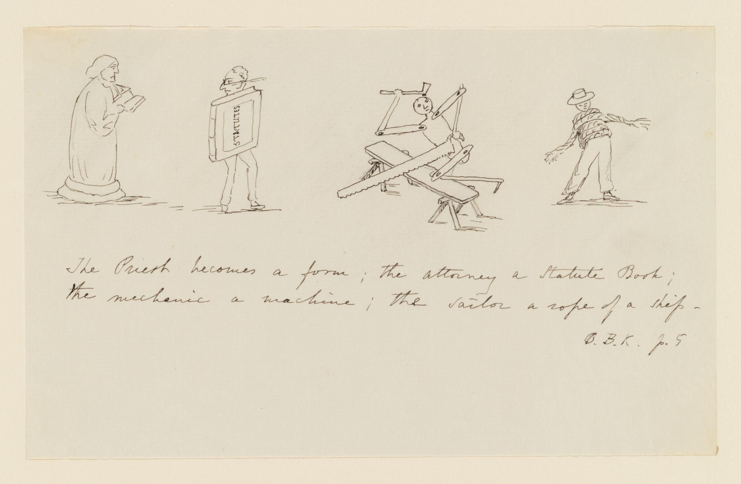 A sepia-toned sketch depicting four figures transforming into objects, with handwritten text below.