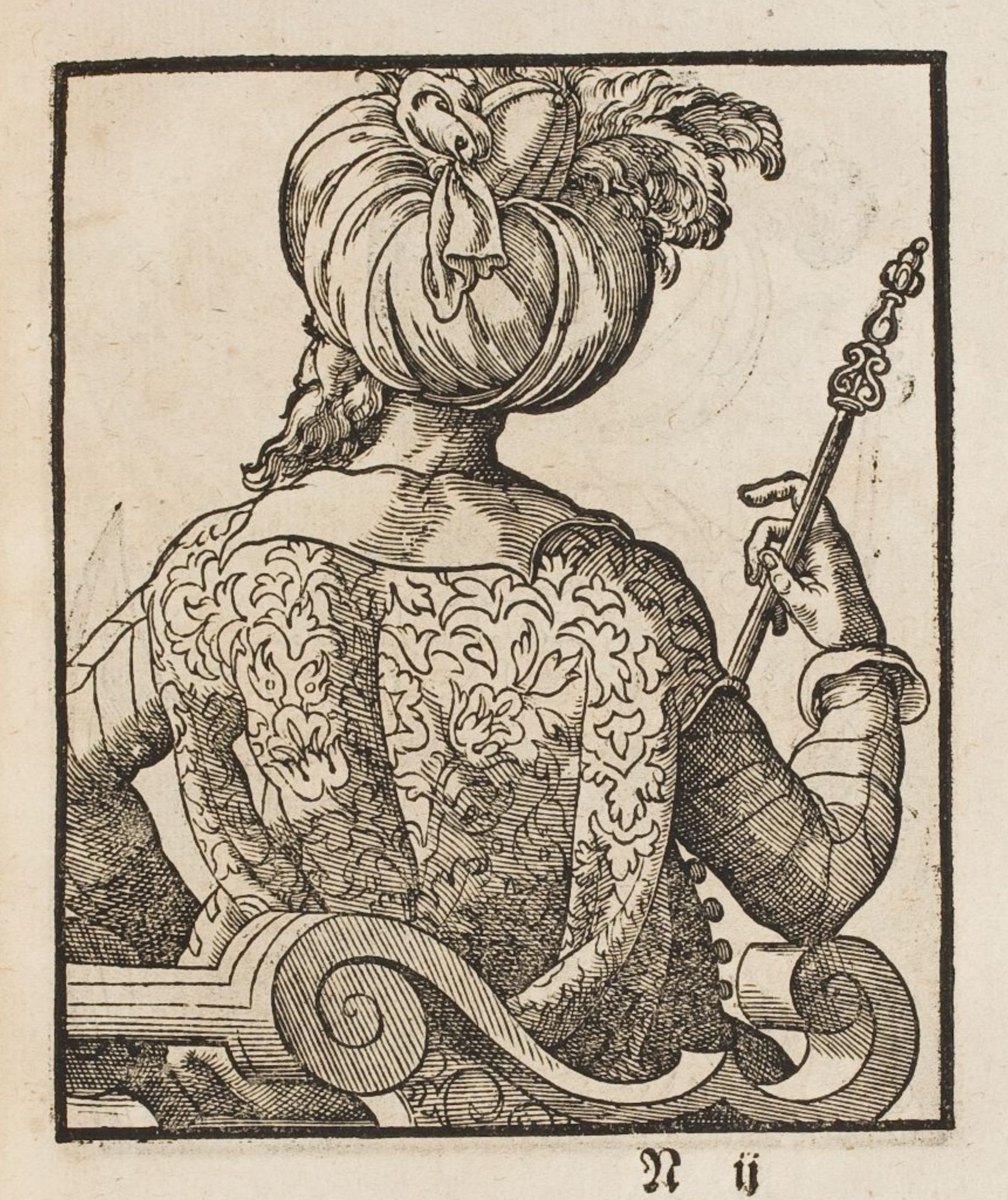 A black and white engraving of a person from the back, wearing a turban and ornate clothing, holding a staff and scroll.