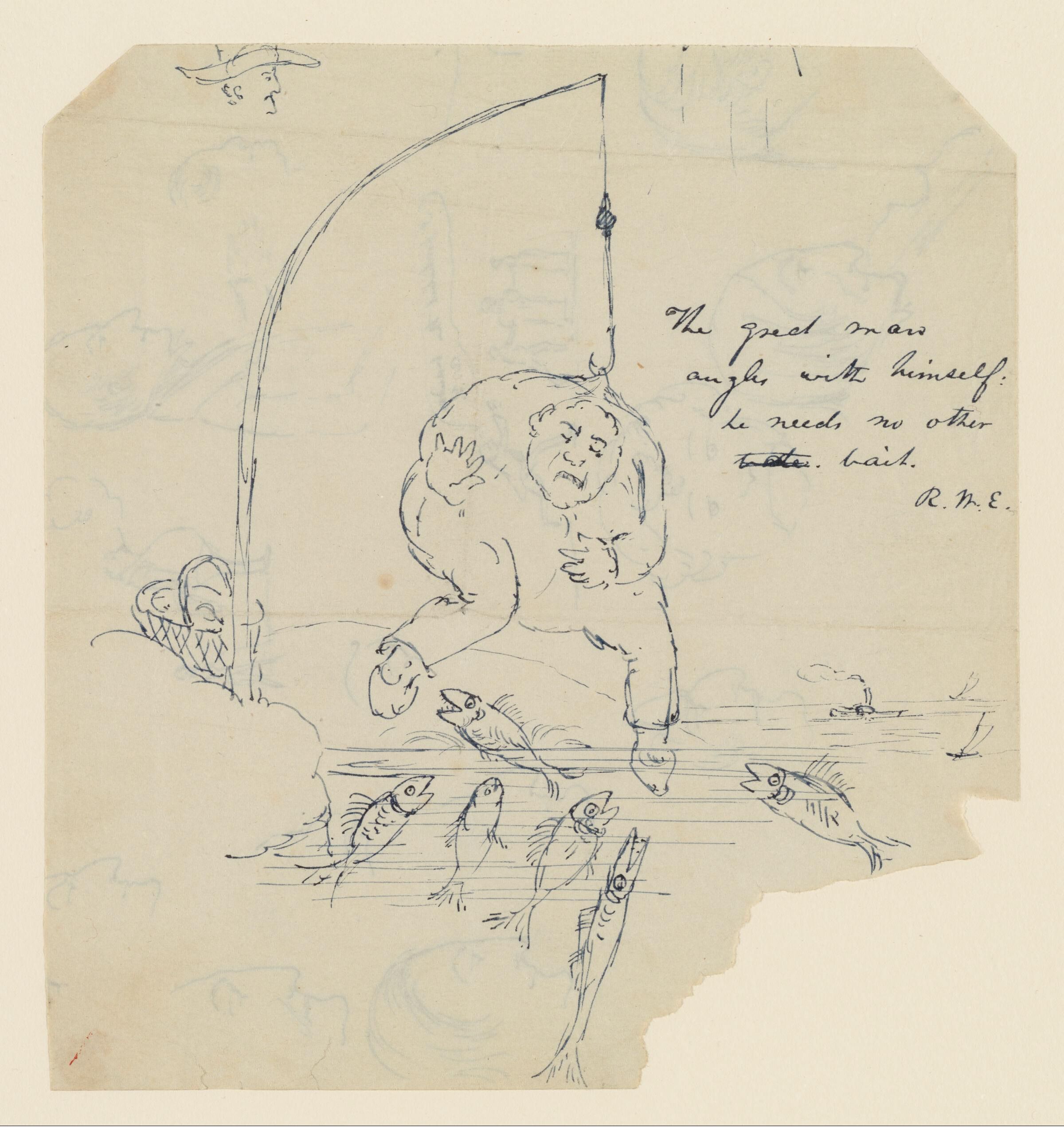 Vintage sketch of a man suspended in water surrounded by fish, with a fishing rod above and handwritten text reading 'The great man angls with himself. He needs no other bait.' signed 'R.W.E.'