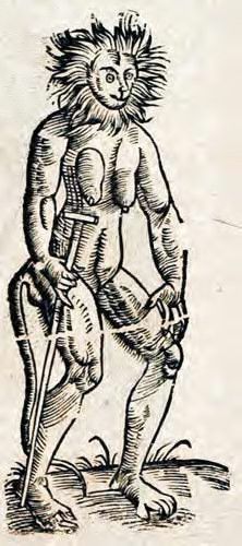 A black and white woodcut illustration of a fantastical creature with a humanoid body and the legs of a goat, holding swords in each hand.
