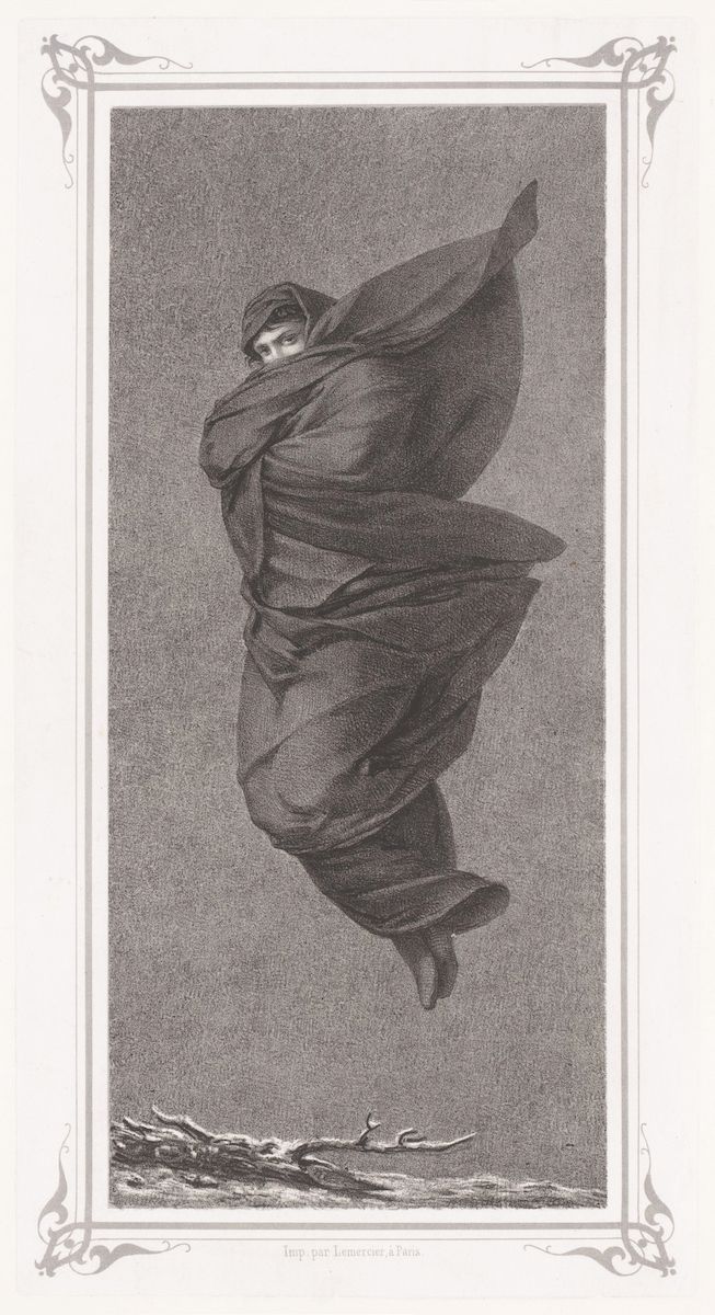 A vintage-style engraving of a draped figure floating above a turbulent sea, framed by an ornate border.