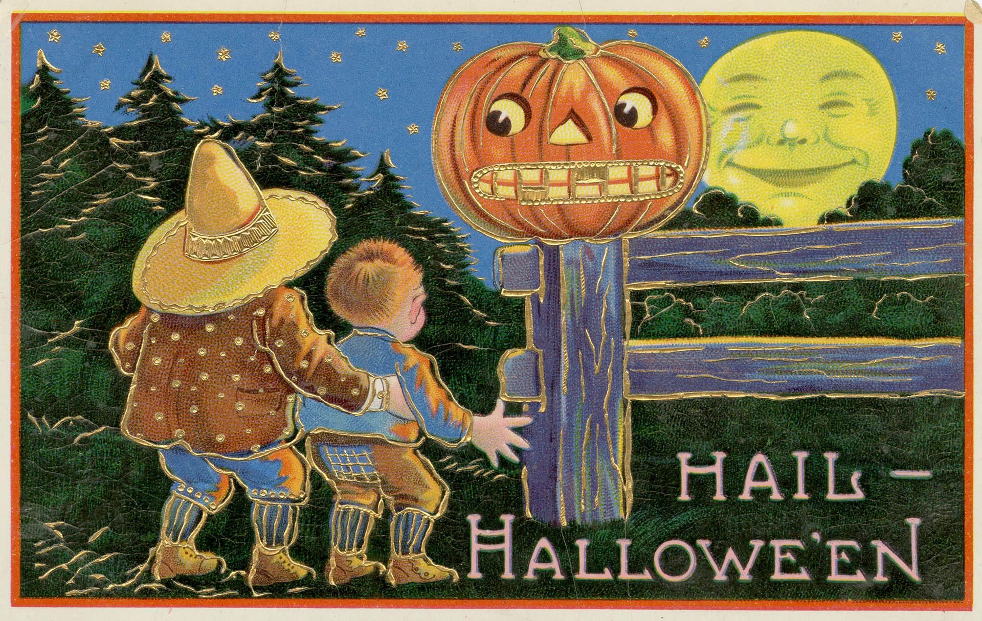 Vintage Halloween postcard illustration of two children looking at a jack-o'-lantern and the moon.