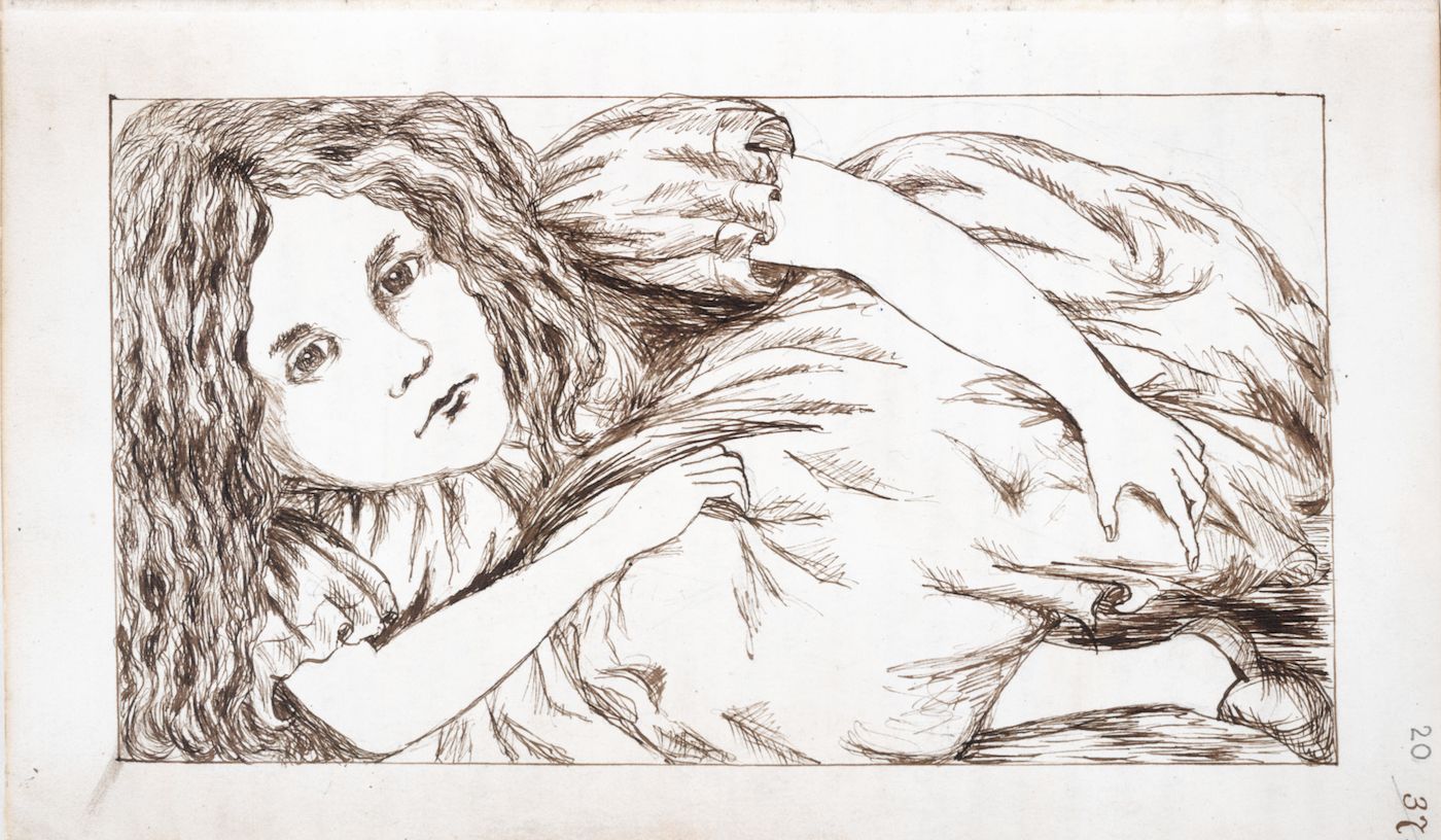 Black and white sketch of a person lying down with long wavy hair and a thoughtful expression.