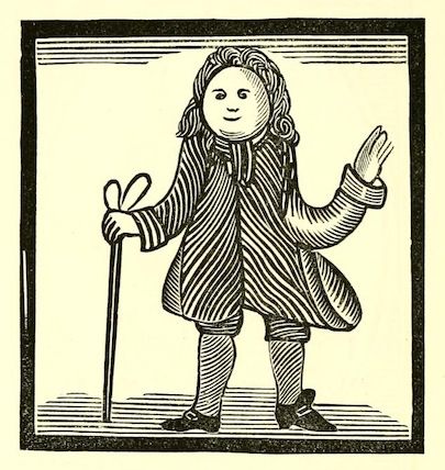 Vintage illustration of a stout man in 18th-century attire, holding a cane and gesturing with one hand raised.