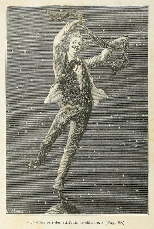 Vintage engraving of a man in theatrical pose on a platform in a starry sky.