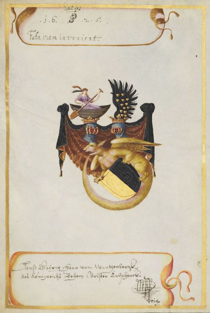 A detailed illustration of a coat of arms with a shield, helmet, crest, mantling, and supporters, set against a pale background with text and ornaments.