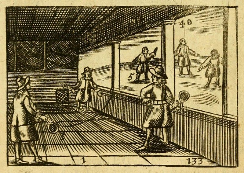 Vintage black and white woodcut of people playing a game resembling tennis or racquetball indoors.