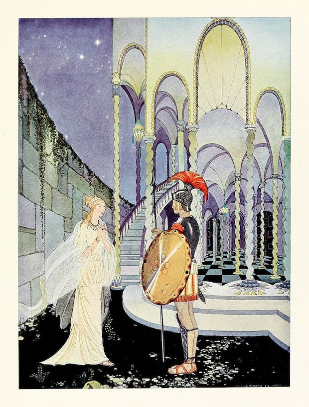 Illustration of a knight in armor confronting a woman in a flowing white dress in a grand palace hall with arched columns and a staircase.