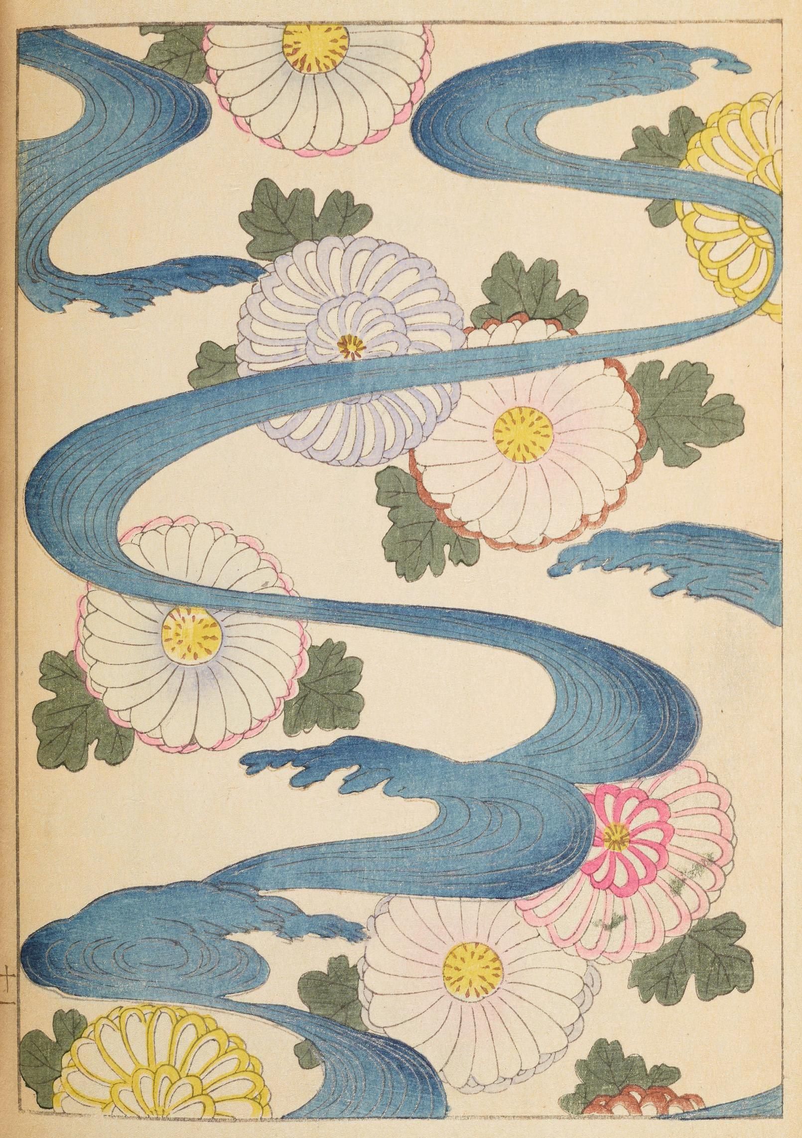 Vintage botanical illustration with repeating pattern of white flowers, yellow centers, and blue water currents on a yellow background.