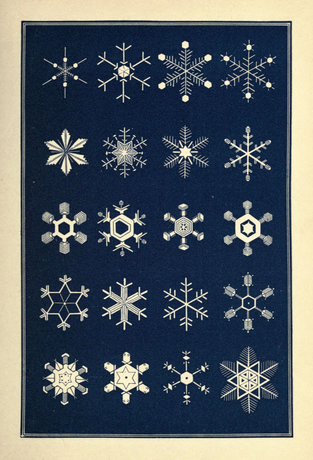 A vintage illustration of 20 unique snowflake designs, rendered in white against a dark background.