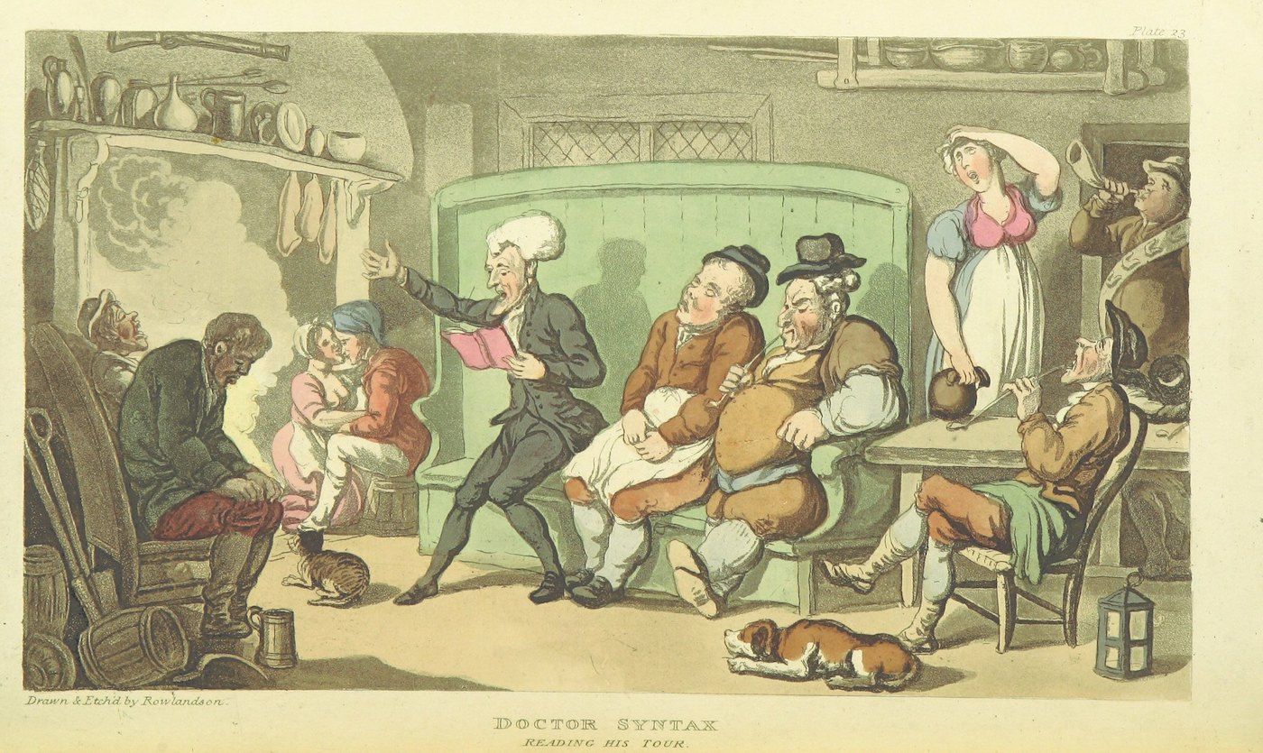 A hand-colored etching titled "Doctor Syntax Reading His Tour". The scene takes place in a rustic, crowded inn common room. A man, presumably Doctor Syntax, stands in the center, reading from a book. Around him are various patrons of the inn.