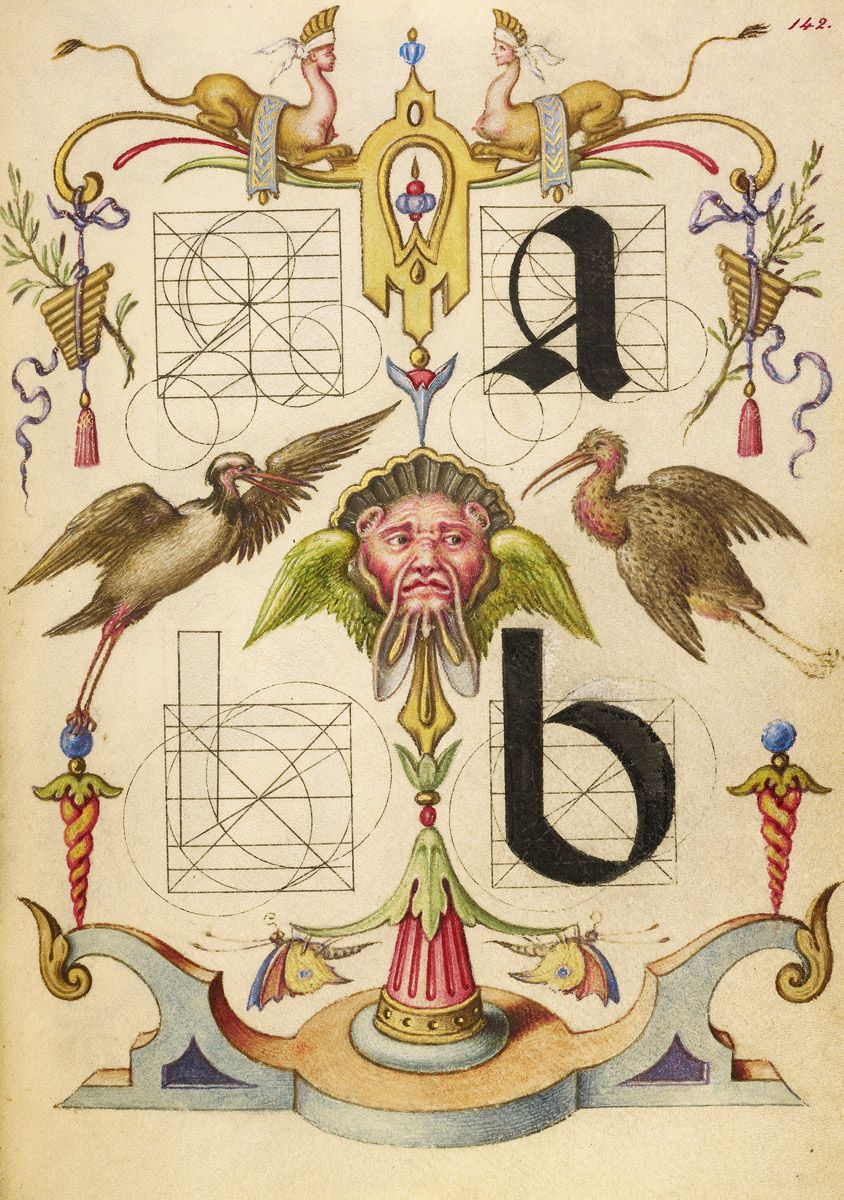 An antique illustration featuring the letters 'a' and 'b' integrated into an elaborate, symmetrical design. The composition includes a central face with wings, flanked by birds, and framed by scrollwork, foliage, and geometric patterns.