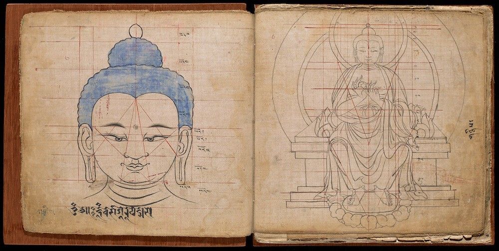 Open book with two pages showing detailed drawings of a Buddha figure and its head, overlaid with a grid of lines for proportional accuracy.