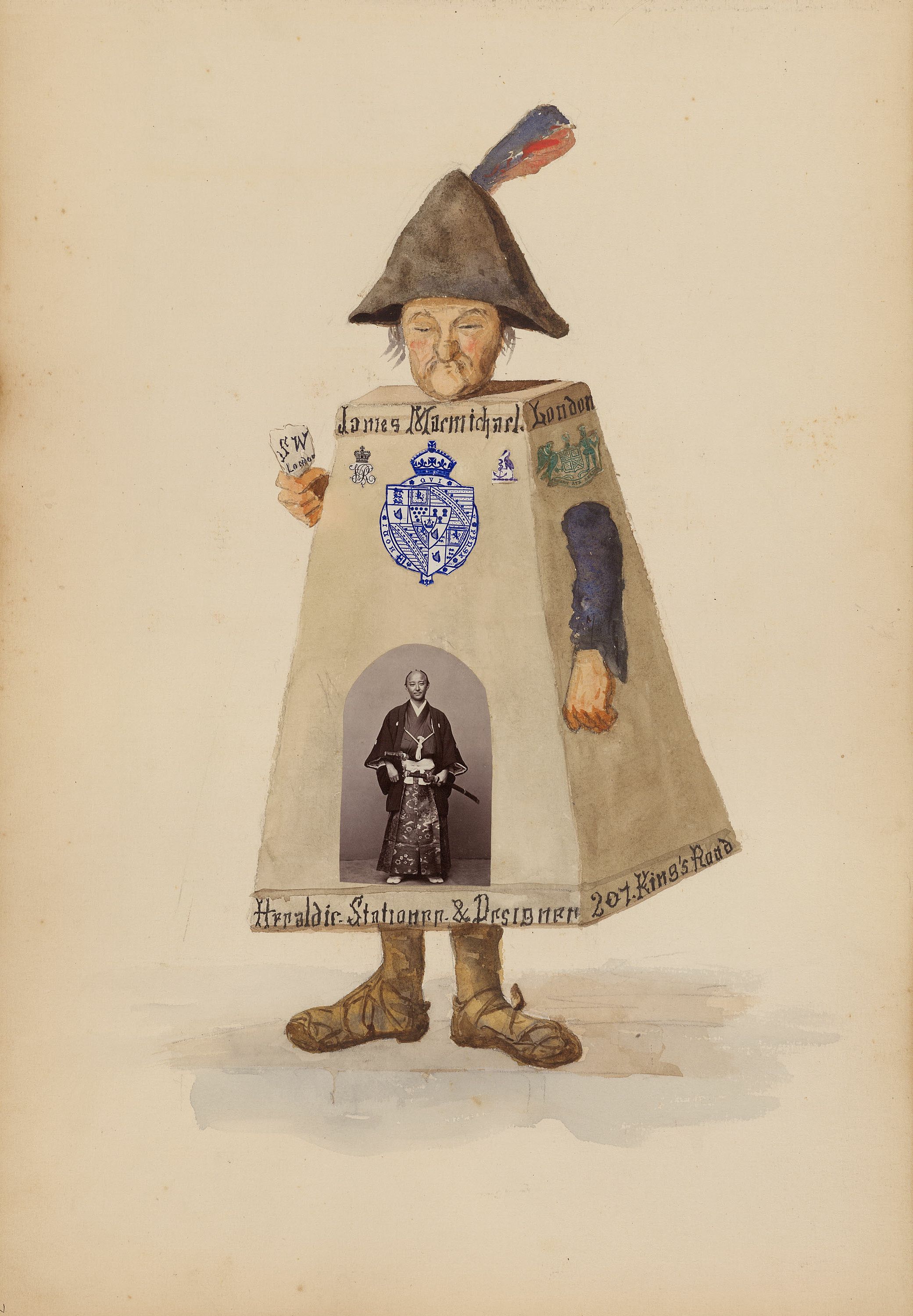 Vintage illustration of a man in historical attire with text and emblems on his coat.
