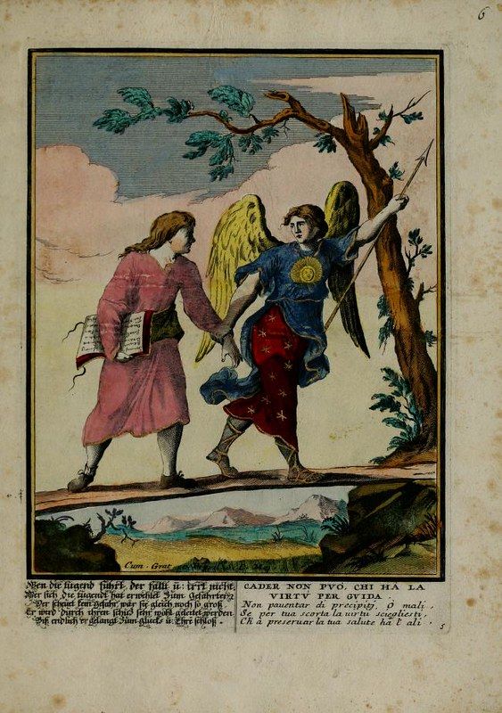 An 18th or 19th-century hand-colored engraving depicting a man in a red robe holding hands with an angel in a mountainous landscape.