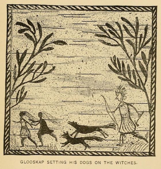 Vintage illustration of Glooskap setting his dogs on the witches.