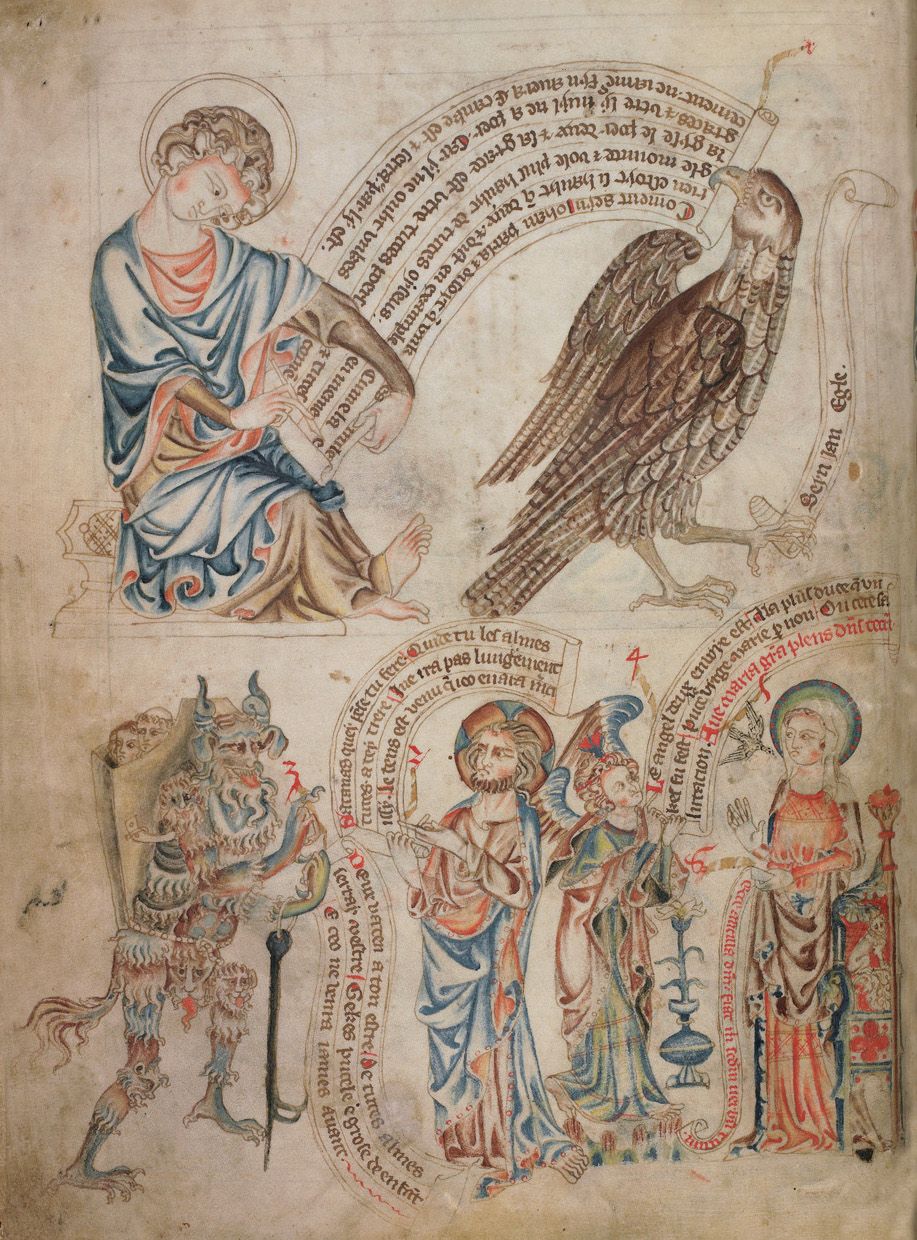 A detailed, colorful medieval manuscript illumination depicting an angel and a group of figures in front of a building.