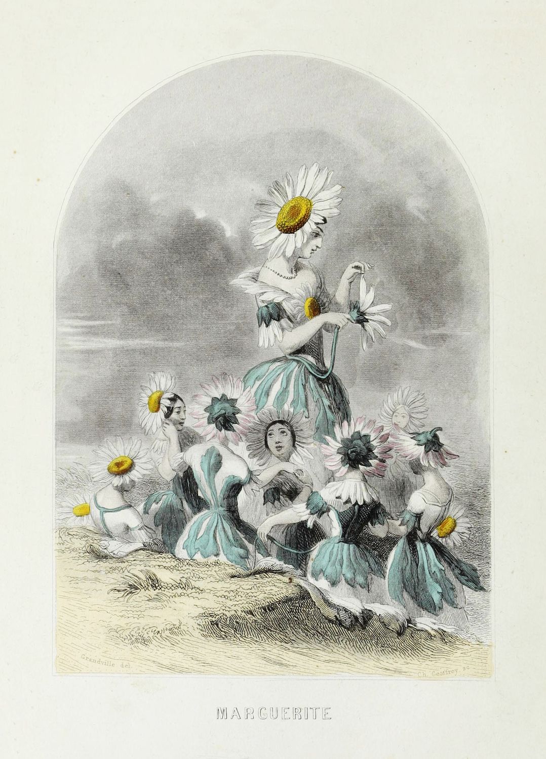 Vintage engraving of a woman with a daisy head surrounded by other daisy-headed figures in a field.