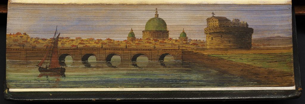 A detailed painting of a cityscape with a prominent dome and tower, viewed from across a body of water with a ship sailing towards the city.