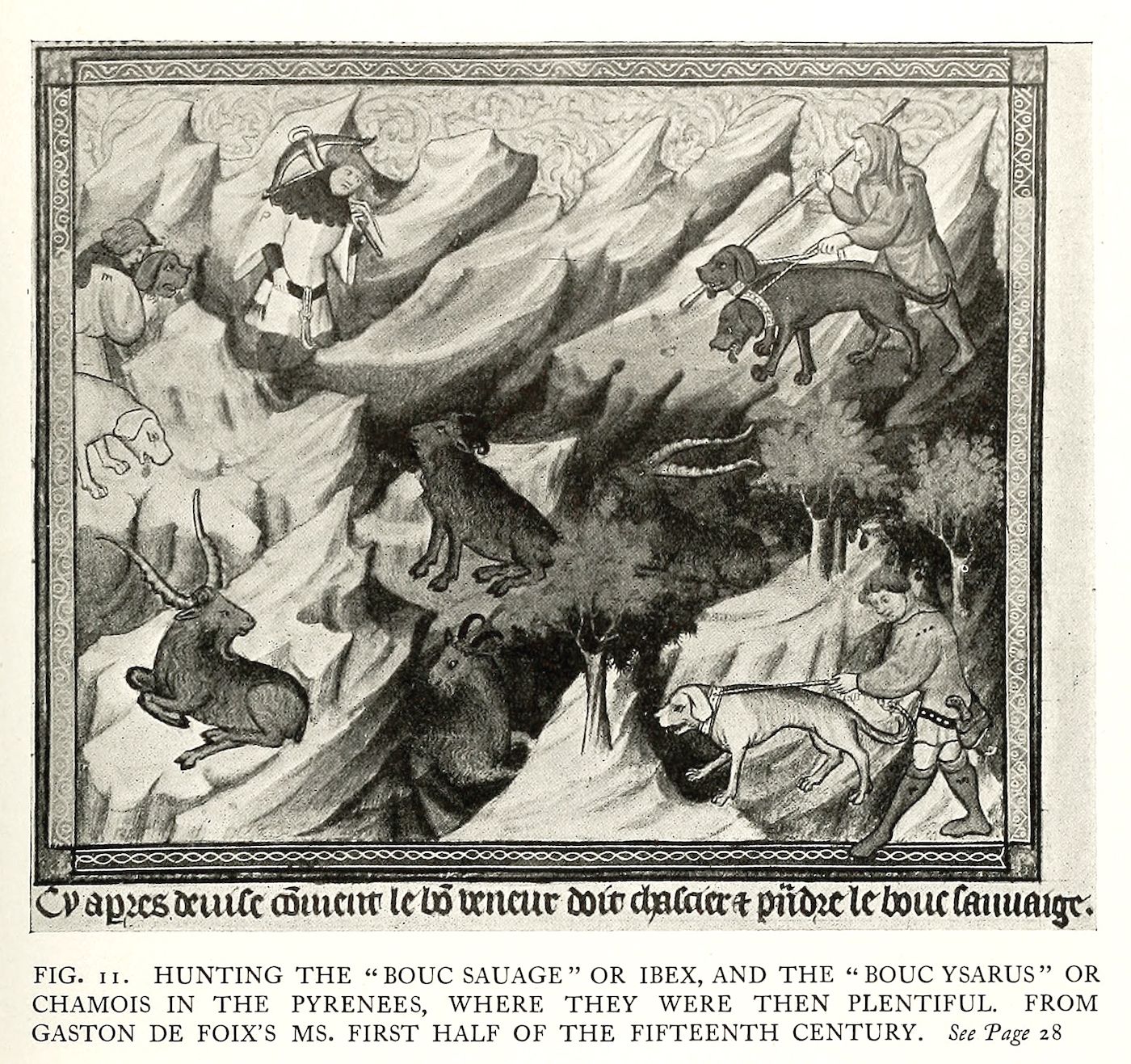 A black and white medieval illustration of a hunting scene in the Pyrenees mountains, depicting hunters on horseback and on foot pursuing ibex and chamois.