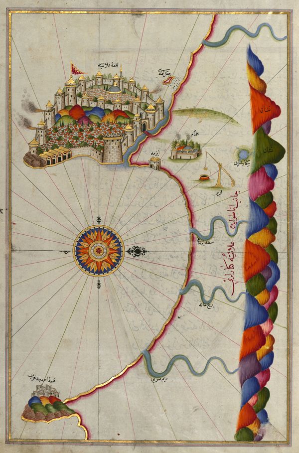 Antique map with a detailed city, stylized coastline, and compass rose.