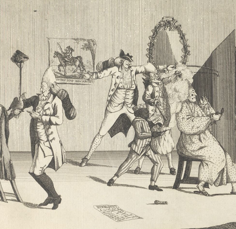 A black and white engraving depicting a chaotic scene in a salon or dressing room, with several men engaged in a flurry of activity around a large, ornate mirror.