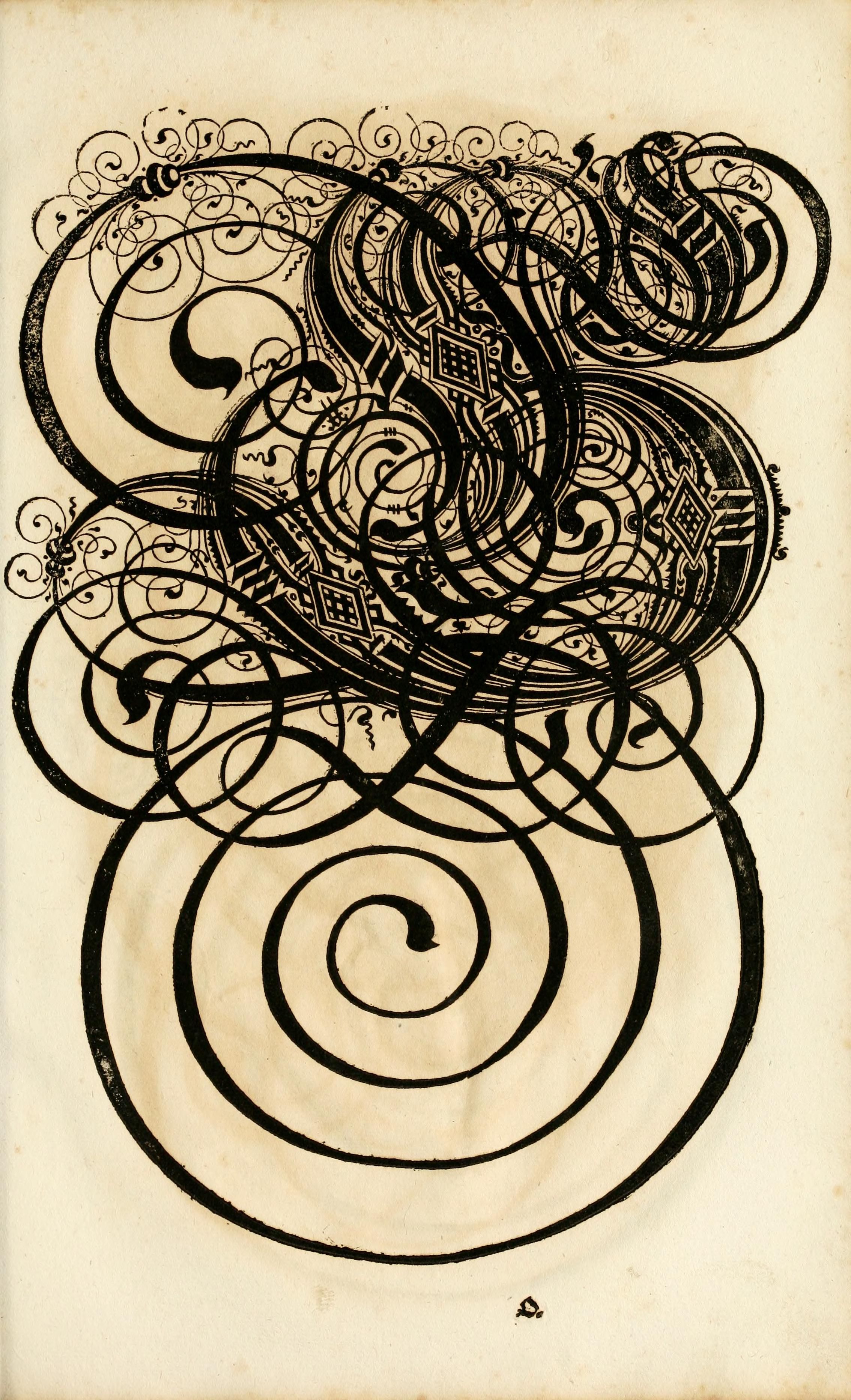 A detailed black and white drawing with an ornate, swirling design.