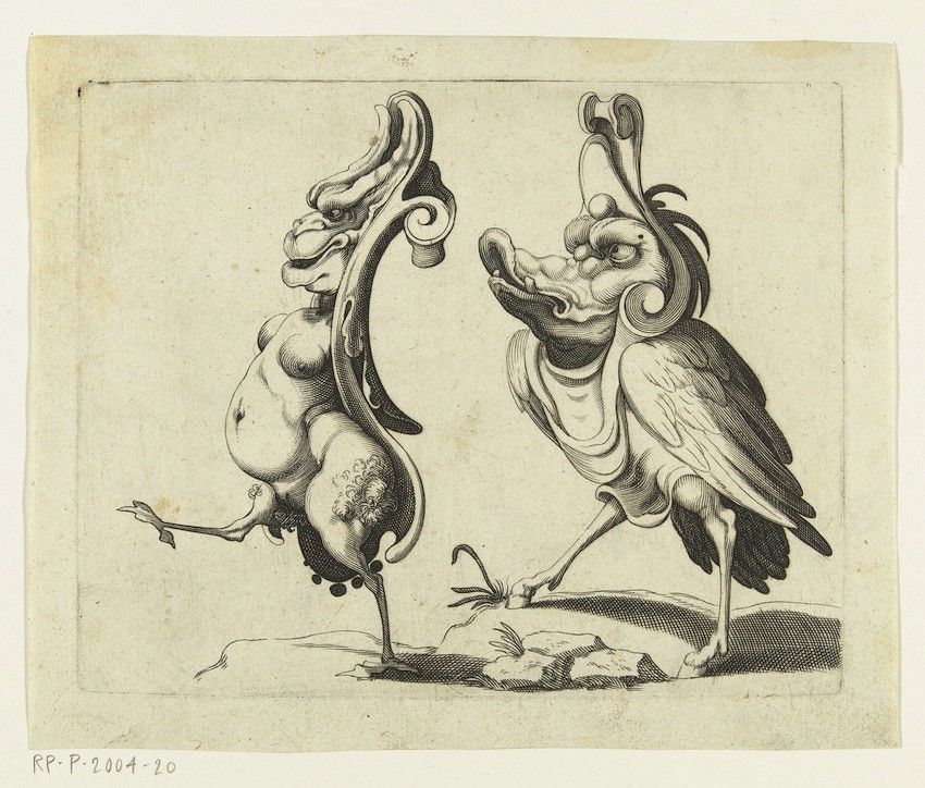 A black and white engraving of two fantastical birds with elaborate scrollwork and detailed feather patterns.