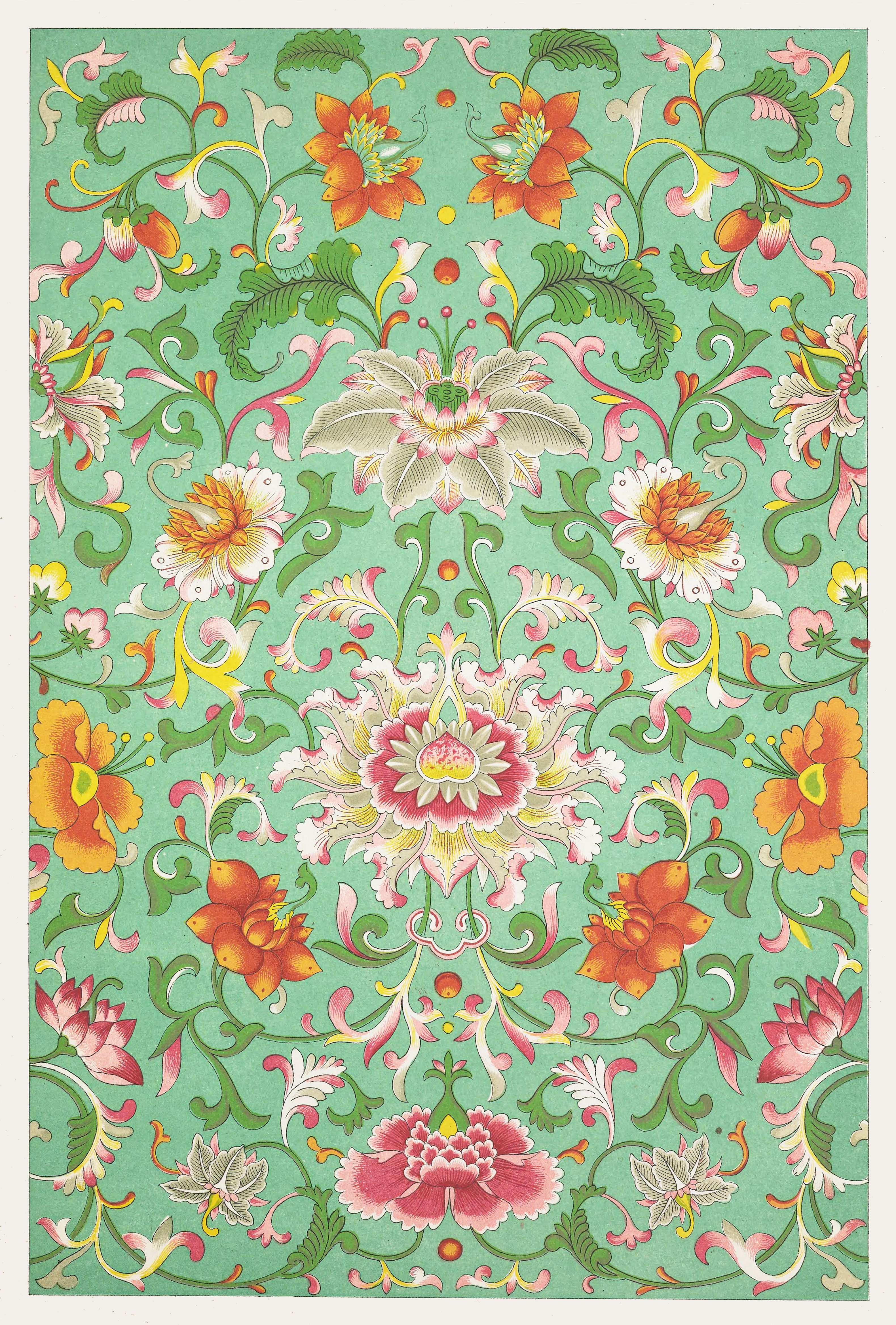 A vibrant and intricate floral pattern in shades of pink, red, yellow, and green, reminiscent of traditional Chinese or Asian textile designs.