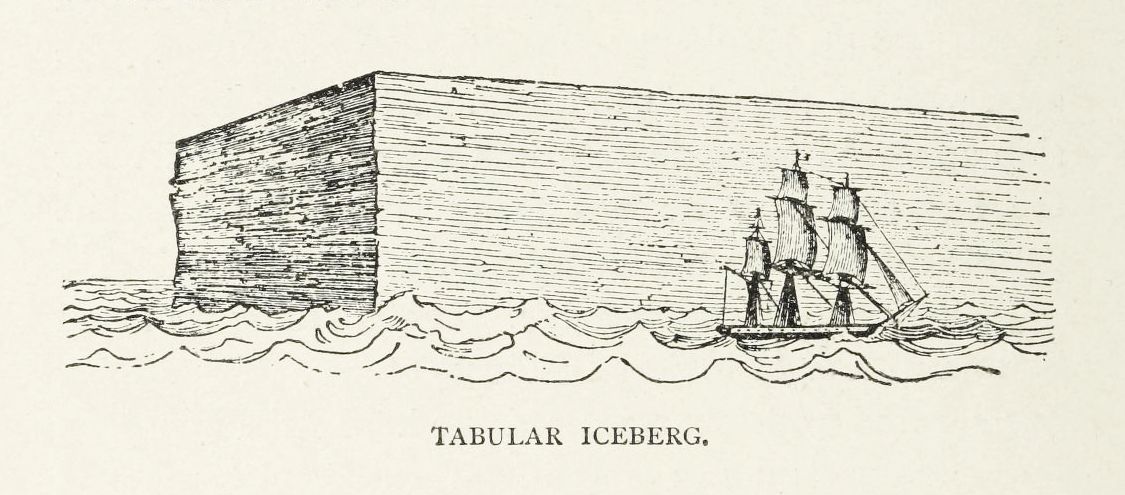 Tabular iceberg with a sailing ship