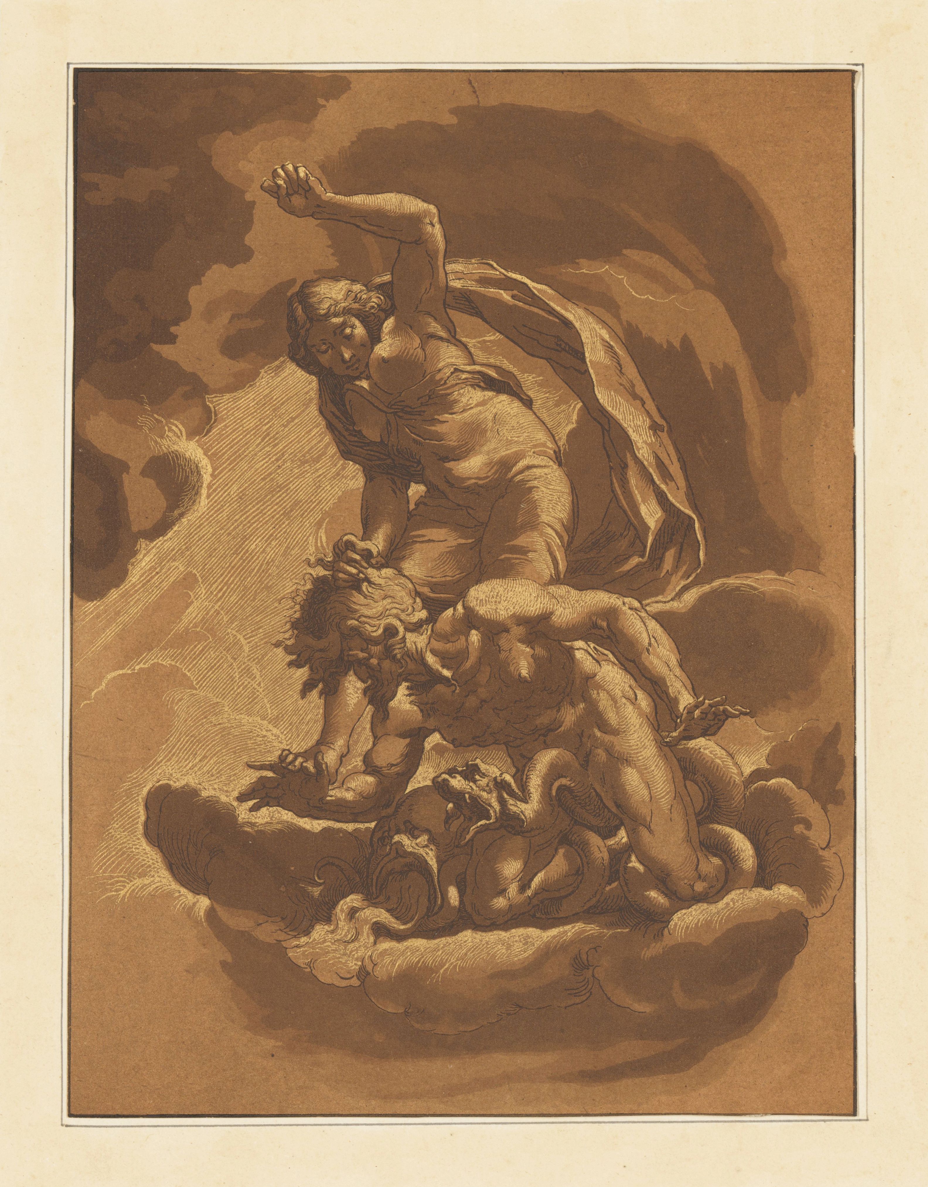 Sepia-toned drawing of a man battling a lion amidst swirling clouds.