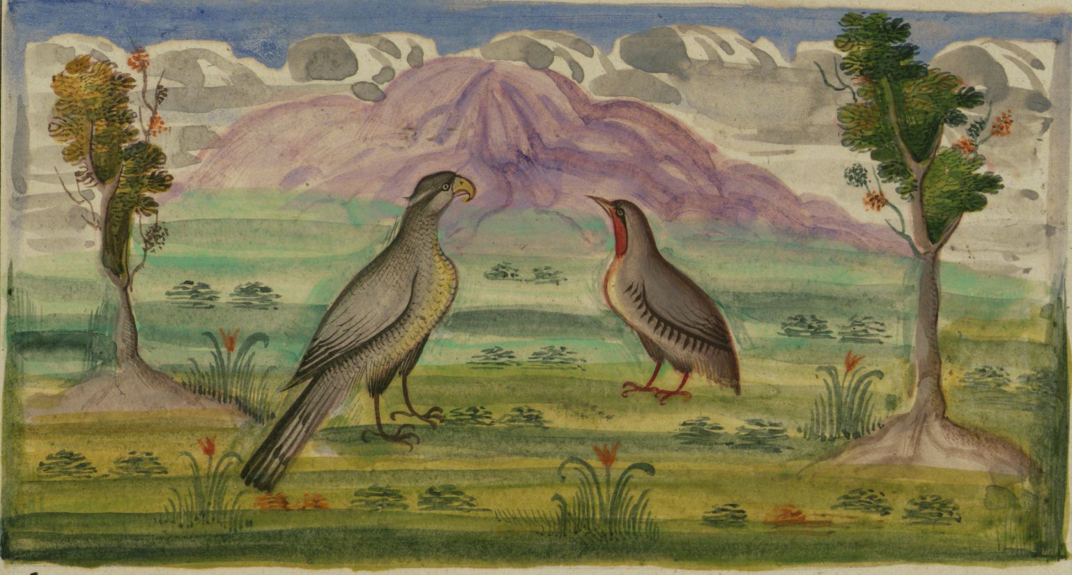 Watercolor painting of two birds in a landscape with a purple mountain in the background.