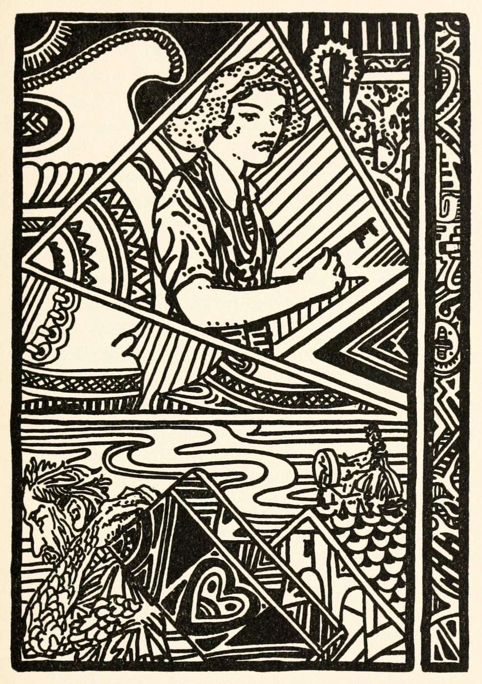 A black and white woodcut-style illustration depicting a person in a boat, with water and plant life below, framed by a decorative border.