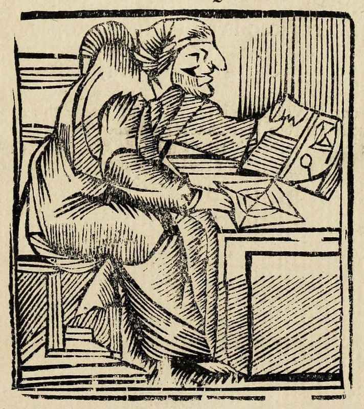 A black and white woodcut illustration of an elderly scholar seated at a table, reading a book.