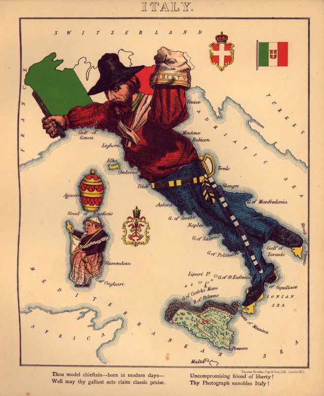 Vintage map of Italy with a man in a red uniform striding across it.