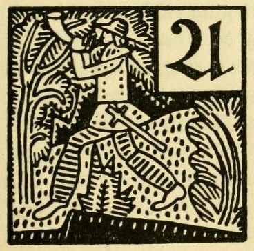A black and white woodcut illustration of a knight in armor with the number 21 in the upper right corner.
