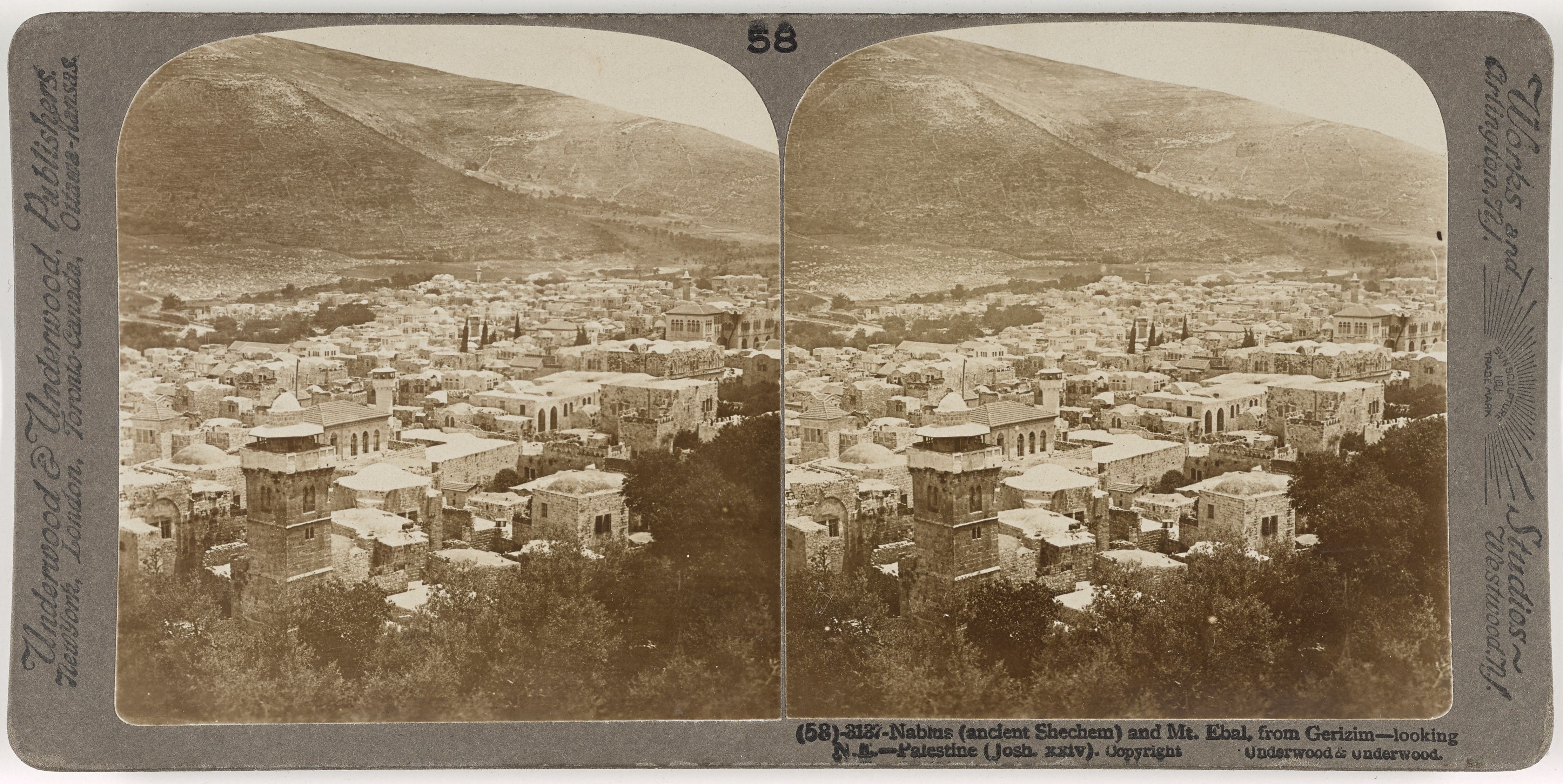 Stereoscope card of Nablus (ancient Shechem) and Mt. Ebal from Gerizim, showing a densely packed city of stone buildings nestled within a hilly landscape.