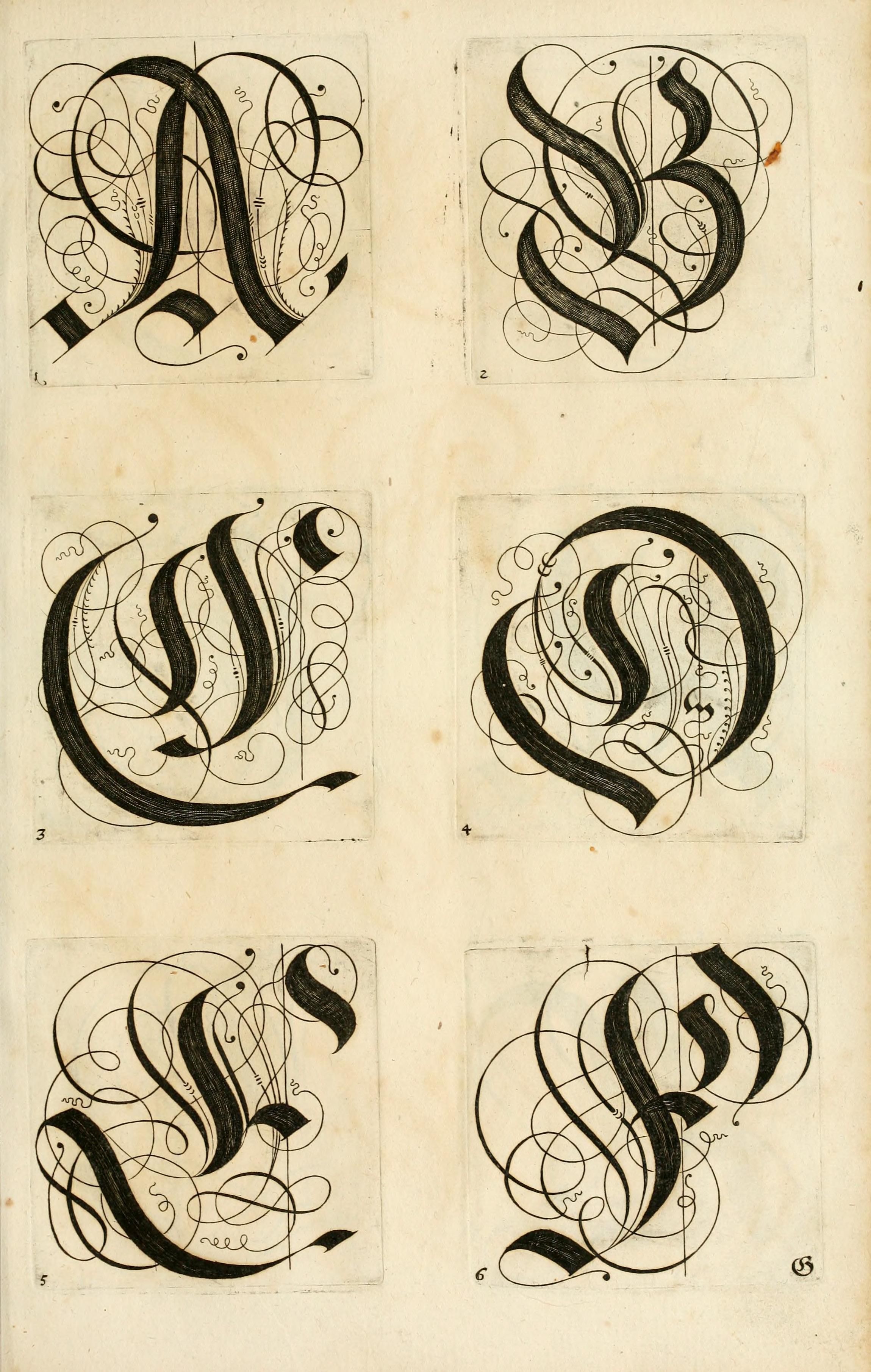 A page with six ornate, calligraphic letter designs arranged in a 2x3 grid.