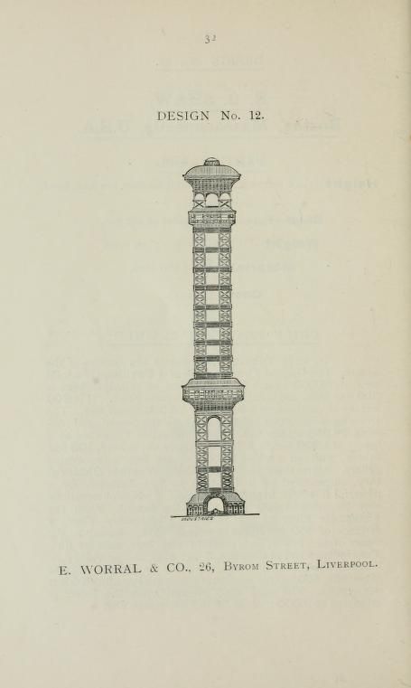 Vintage illustration of a tall, ornate design, likely for a street lamp post or architectural element, with the text 'DESIGN No. 12' and 'E. WORRAL & CO., 26, BYROM STREET, LIVERPOOL.'