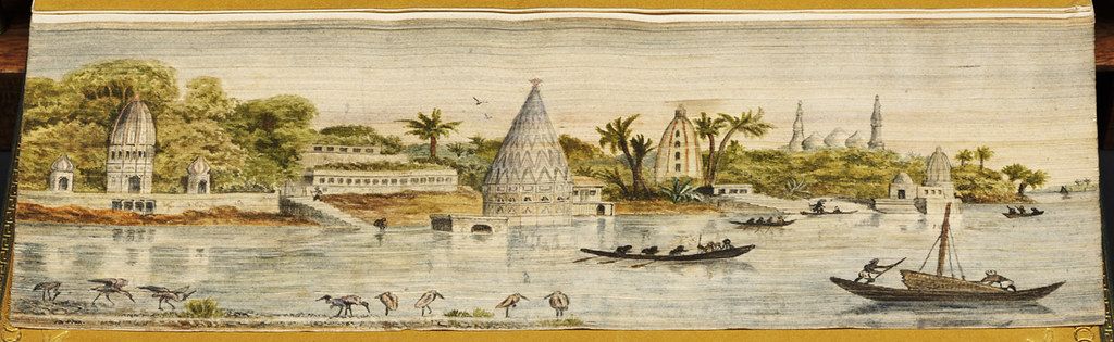 A panoramic watercolor painting on papyrus depicting a bustling cityscape along a river or body of water.