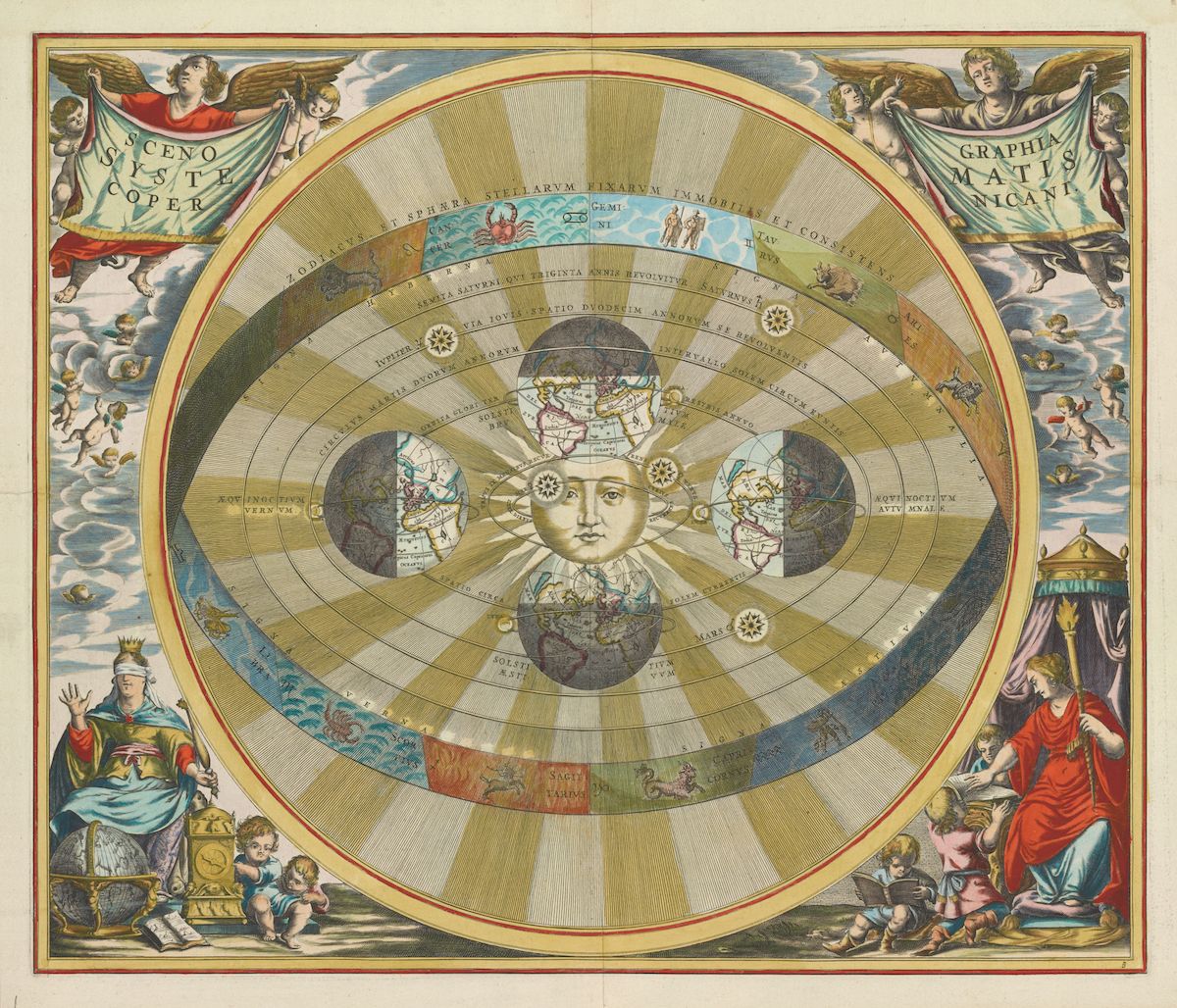 A detailed, colorful, and intricate historical illustration depicting a geocentric model of the universe, likely from the Renaissance period.