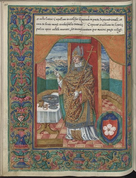 Medieval manuscript illumination of a bishop in red and gold robes, holding a staff with a cross, standing in front of a window with a table and book.