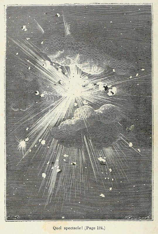 Vintage black and white engraving of an explosion with radiating light, smoke, and debris.
